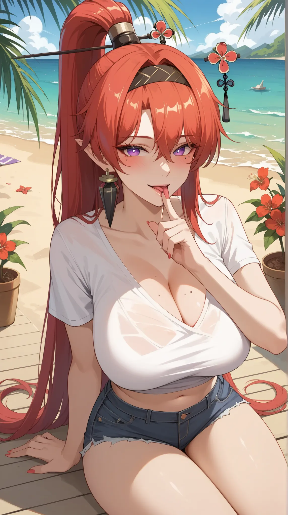 ((Yinlin, red hair, mole under eye, purple eyes, hair stick, hair ornament)), 1girl, huge breasts, huge butt, thick thighs, sensual woman, mature female, blushes, cleavage, full body, source_anime, quality_masterpiece, anatomically correct, beautiful face,...