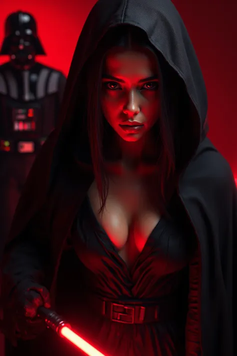 A seductively menacing Sith girl from the Star Wars universe stands before us, draped in a flowing, hooded cloak. Her eyes emit a haunting glow, piercing through the darkness. In her hand, she wields a red lightsaber, its blade casting an ominous hue on he...