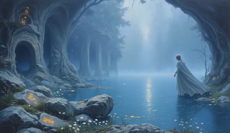 A breathtaking oil painting of a mystical lake wrapped in swirling mist, evoking Arthurian legend. The shore is adorned with ancient stones carved with glowing Celtic runes, while delicate white lilies bloom amid the fog. The Lady of the Lake, draped in fl...