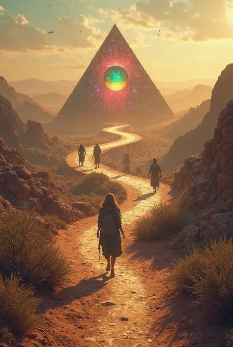 A PICTURE OF

A desert  where there is a thorny road with people walking on it, going to the center where there is a triangle with a rainbow-colored pupil that says "Quo vadis " In the reflection