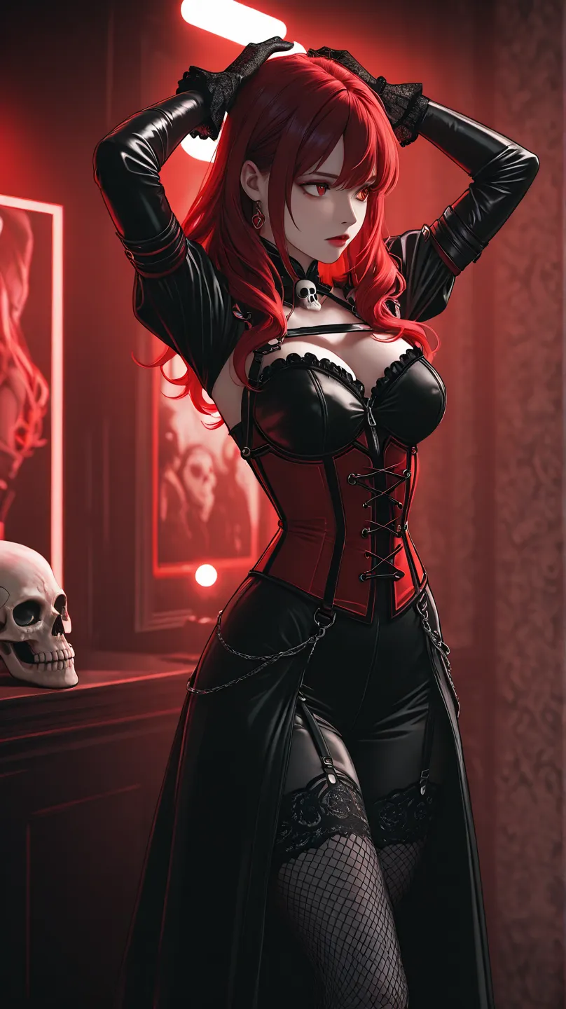 Woman in the picture wearing crimson velvet corset with skull rivets, long lace gloves and black leather arm harness, mesh stockings. The model poses on her knees, looking to the side, arms on head. Studio background. Soft, high-contrast lights.  