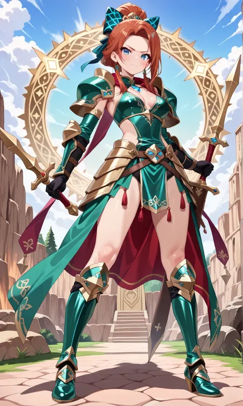 (((masterpiece, best quality, high detailed, 16k))) (1girl) A fierce and adventurous female warrior with long, flowing auburn hair and bright, determined blue eyes. Her armor is lightweight and sleek, adorned with stars and bow motifs. She carries a massiv...