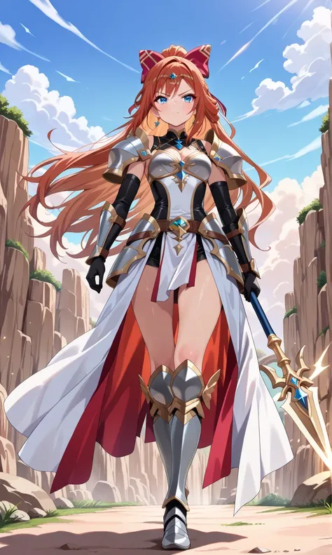 (((masterpiece, best quality, high detailed, 16k))) (1girl) A fierce and adventurous female warrior with long, flowing auburn hair and bright, determined blue eyes. Her armor is lightweight and sleek, adorned with stars and bow motifs. She carries a massiv...