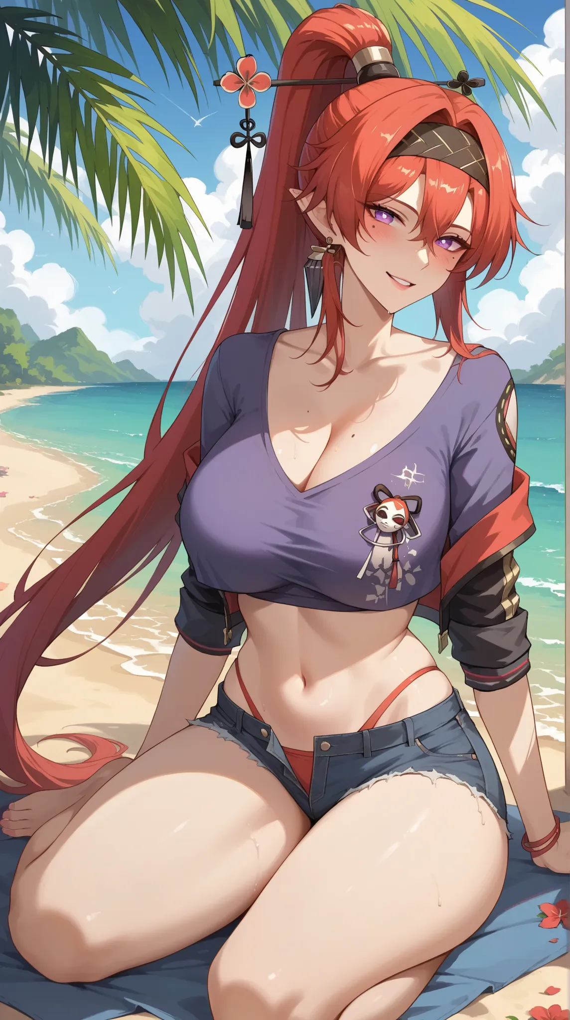 ((Yinlin, red hair, mole under eye, purple eyes, hair stick, hair ornament)), 1girl, huge breasts, huge butt, thick thighs, sensual woman, mature female, blushes, cleavage, full body, source_anime, quality_masterpiece, anatomically correct, beautiful face,...