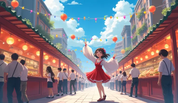 please describe how the whole city is bustling with preparations for the festival。colorful decorations and、delicious food at food stalls、Describe in detail the appearance of a person々dancing happily　 anime　comics　fantasy seen down　 don't depict humans