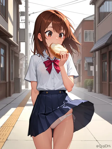 Young,  sexy body,In school uniform with bread in my mouth (( Detailed mouth while eating bread)) ,Wind beating in the skirt and panties showing, Japanese street on the way to school, QUADHD,  resolution 8k,High details and contrast,Fix ALL Details. Brown ...