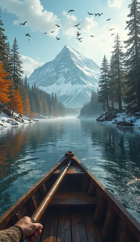 "First-person perspective of a Viking warrior navigating a traditional wooden longboat through a serene, reflective river. The warrior’s fur-clad arm grips a sturdy wooden oar, propelling the boat forward. Towering pine trees line the riverbanks, their aut...