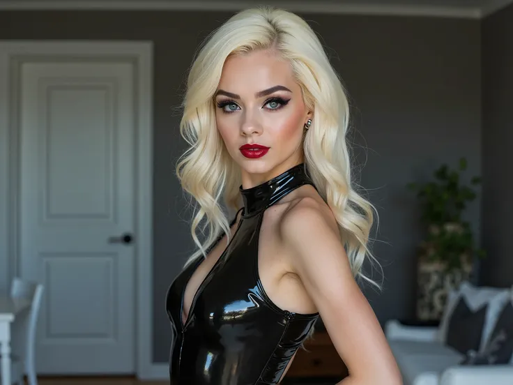  body portrait, elegant blonde hair, extremely shiny scarlet red lip gloss, eyeliner flicks, full latex catsuit latex, smile