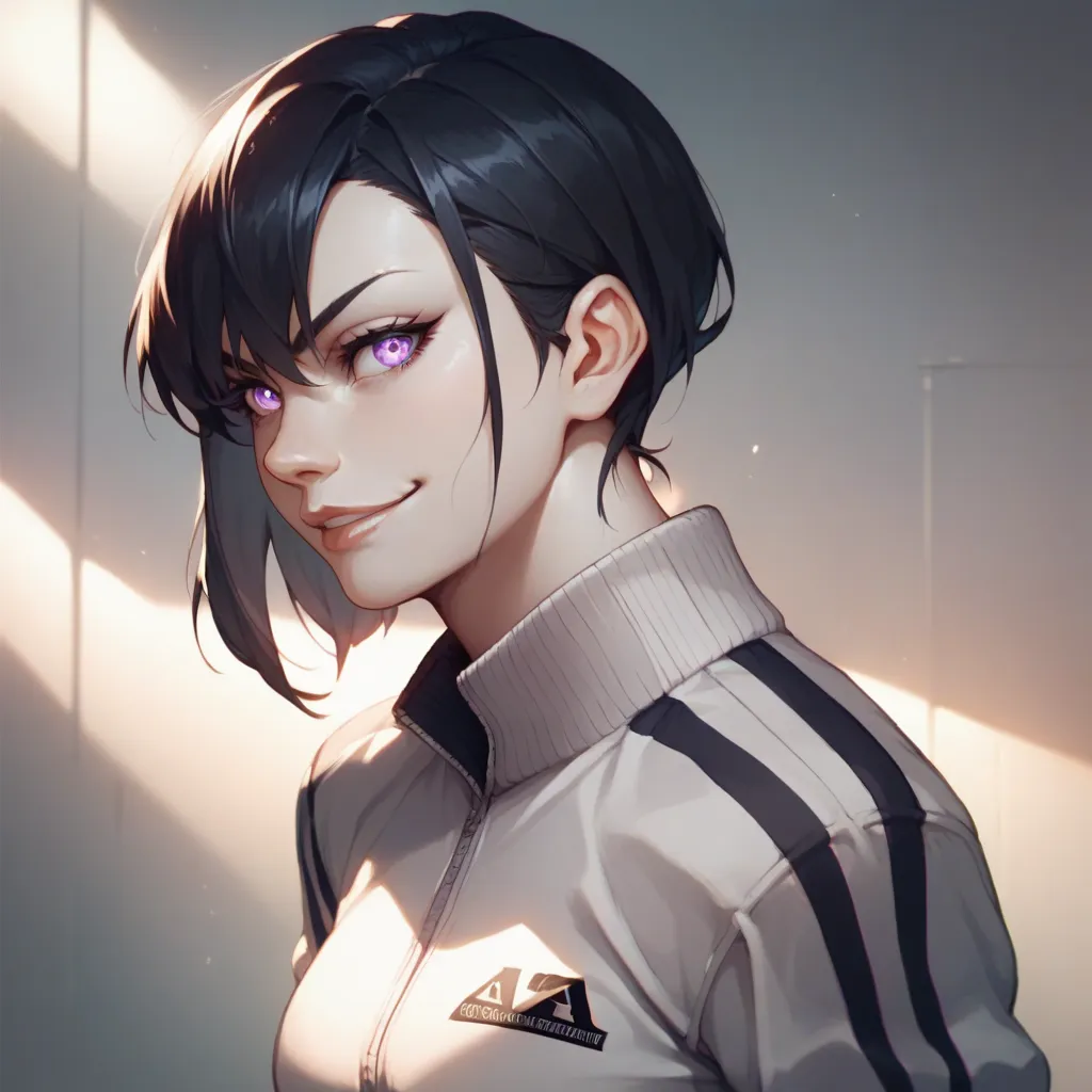 A ash pale skin girl long jet black side bangs black hair glowing purple eyes,white track suit,black track pants,defined muscle,black wristbands,subtle smirk,