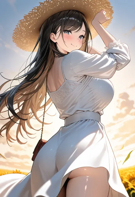 (best quality, masterpiece, ultra detailed, high resolution), Beautiful 8K CG artwork, Enriched photography, anatomically accurate body, depth of field,  1girl, elegant yet sexy girl, (long hair, black straight hair, swept bangs), 
round large breasts, bre...