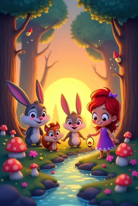 Create a vibrant and colorful cartoon scene featuring a group of cheerful characters in a magical forest. The characters are a mix of animals and humans with exaggerated features: a smiling bunny with big ears, a mischievous squirrel holding an acorn, and ...