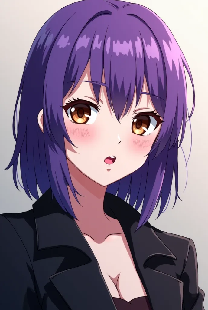 anime screenshot,  A 21 year old girl ,  with white skin,  purple hair , around the shoulders and with bangs, brown eyes, pink cheeks and red lips,  with a narcissistic aura, He wears a black jacket 