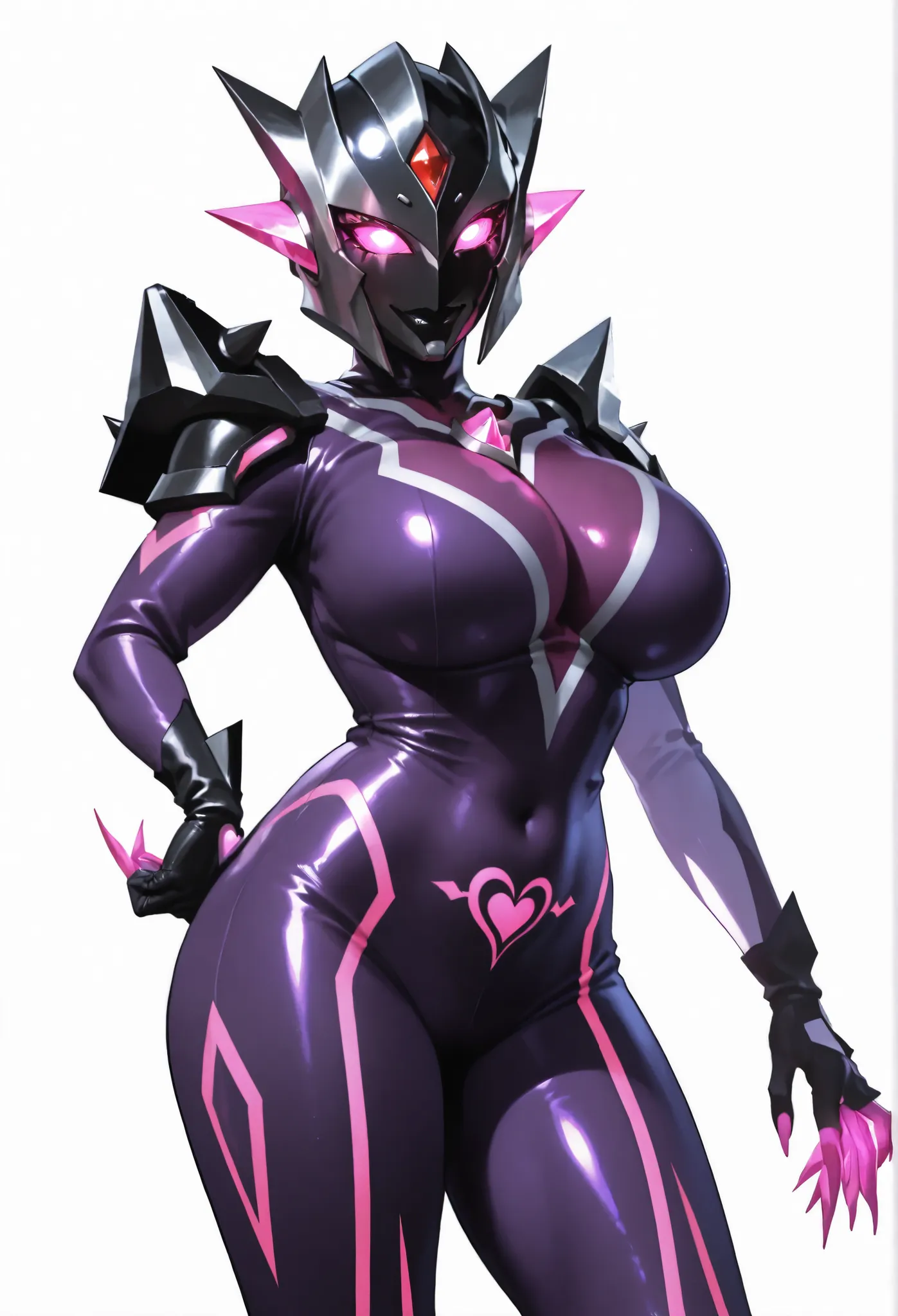 Dark UltraWoman. （high quality）（luster）（(Black Face and red eyeline)）（Black thema color. Purple thema color. black helmet. A full-face helmet. Pink lines. Purple glowing mechanical eyes. The whole body is covered with a black and purple bodysuit. Thick leg...