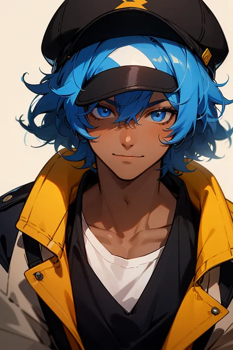 1male, adult, finely detailed, blue eyes, dark skin tone, caramel skin tone, (messy medium hair), blue hair color, musuclar, black casual outfit,jacket, snapback hat, goofy expression, (perfect generation), amazing quality, detailed background, perfect qua...