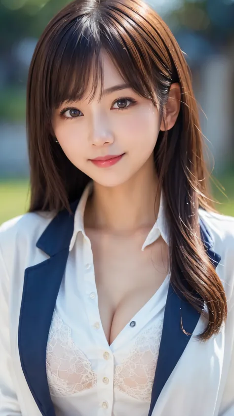 (A state where the face is accurately positioned in the center of the image  : 1.5), (upper breast : 1.5), (Female lawyer,  white blouse,    navy blue jacket  : 1.4),  bangs, (smile : 1.1), Young and cute Japanese faces ,   Official Art,    HD   CG Unity 8...