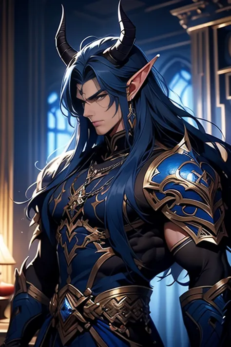  a male elf with dark blue long hair and demon horns and huge big muscles wearing armor, dark blue long hair, beautiful jawline, sharp nose, castle bedroom background, he is very handsome