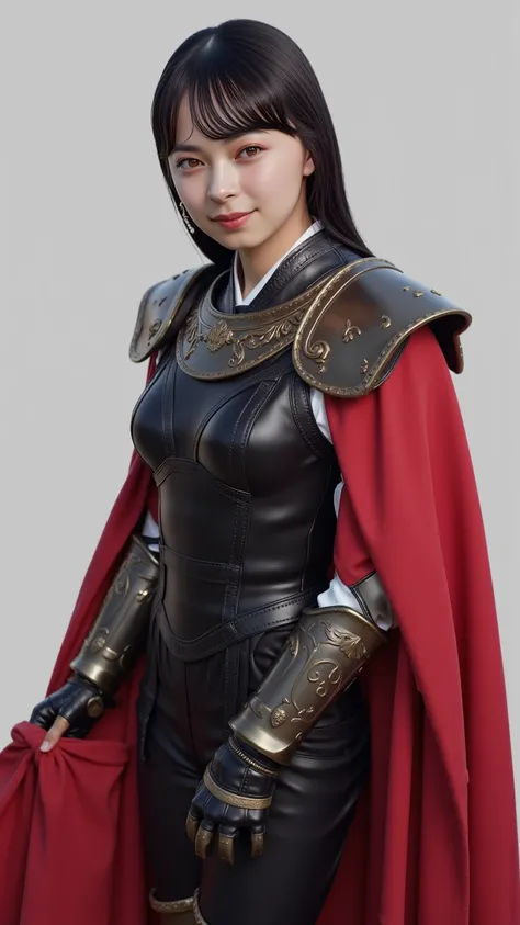 A woman dressed in black and wearing a red cloak is posing for a photo, character portrait by Yang J, cgsociety contest winner ,  Fantasy Art , beautiful Female Knight, of a beautiful Female Knight, Female Knight,  Beautiful Female Paladins , Alena Aenami ...