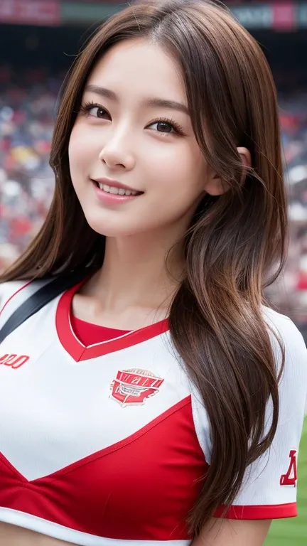  top quality , ​masterpiece, 8k, 超A high res, ( photorealistic :1.4), 1人の beautiful women、、 beautiful expression 、 symmetrical eyes next to woman 、Big Breasts、 Completate、 Latex Cheerleader Uniforms 、smile、 viewers、(Baseball Stadium:1.2)、face-closeup、
Huge...