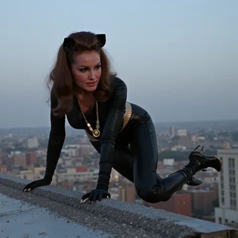 c4tw0m4n woman, full catsuit, ankle boots with high heels, almost falling off of a roof, slipping, surprised, sexy