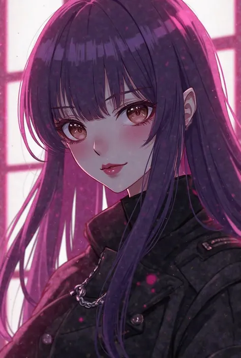  screenshot of Demon Slayer ,  A 21 year old girl ,  with white skin,  purple hair , around the shoulders and with bangs, brown eyes, pink cheeks and red lips,  with a narcissistic aura, He wears a black jacket 