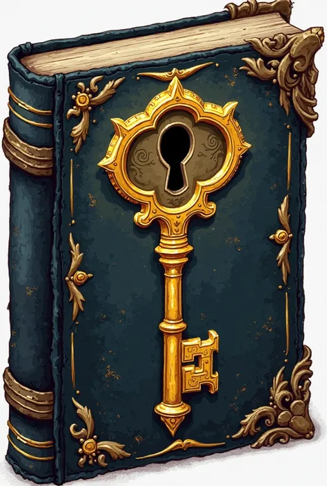 
Create a transparent png illustrated cover of a large old book shabby with a black cover, with a keyhole in the middle and a large shiny and magical golden key 