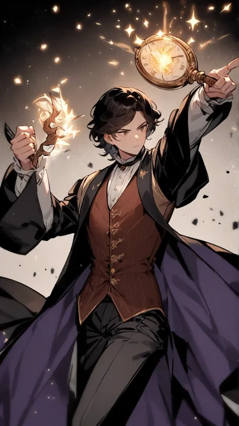 a young 19th-century mage, He wears a stylish waistcoat, a pocket watch hanging elegantly from his vest, and finely tailored trousers, blending historical fashion with mystical allure. His pose pointing hiselder wood wand as he casts an spell. Glowing magi...