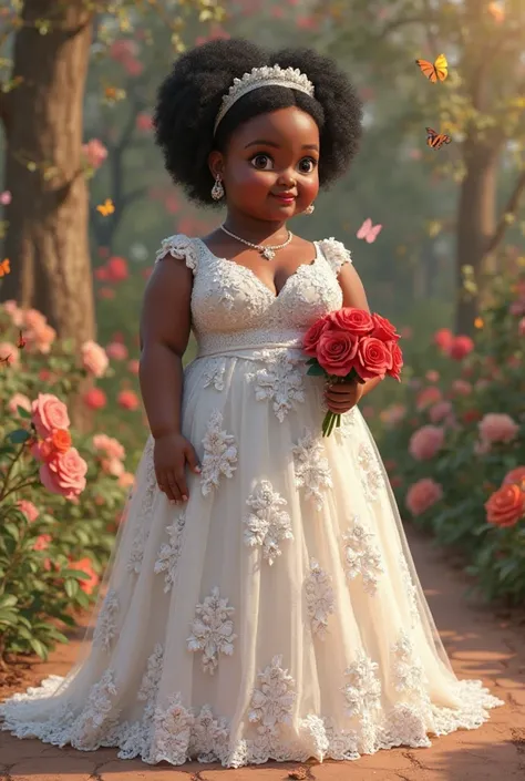 Create a funko pop with rendering style to be styled in 3D. A black woman. Overweight fat over 100 kilos. short black afro hair, with a thin headband. wedding dress with lace for her civil wedding, opting for a costume covered in lace throughout its length...