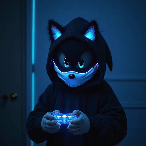 Create Sonic the hedgehog in a completely dark room where there is nothing with a game controller with light blue lights and a white mask that covers his face with a bright gamer style and a black hood and the dark room with light blue LED lights, Only thi...