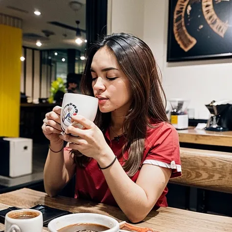 a woman sitting at a table with  coffee, long hair, shirt, closed mouth, closed eyes, short sleeves, nail polish, cup, red shirt, black nails, mug, coffee mug