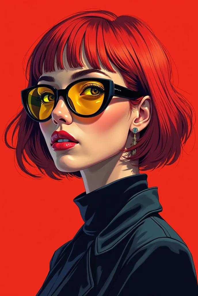 A woman with sunglasses on and a red background, with vibrant red hair, in a futuristic style, smart and cool appearance, wearing yellow futuristic lenses. The artwork is in the style of digital illustration, detailed and epic portrait illustration, high q...