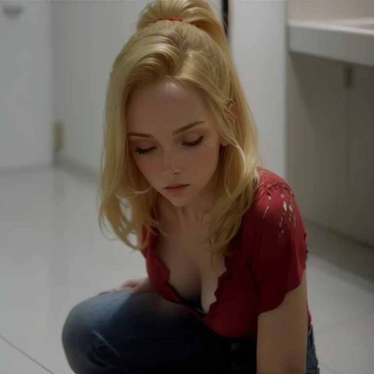 Blonde woman in a red shirt crouching on the tiled floor, weeks of loss !, scene from a movie,   screenshot of a movie  , still from a movie,  movie photo of a tired , frame of a film, movie photo,   taken from the Danis Villeneuve movie  , very realistic ...