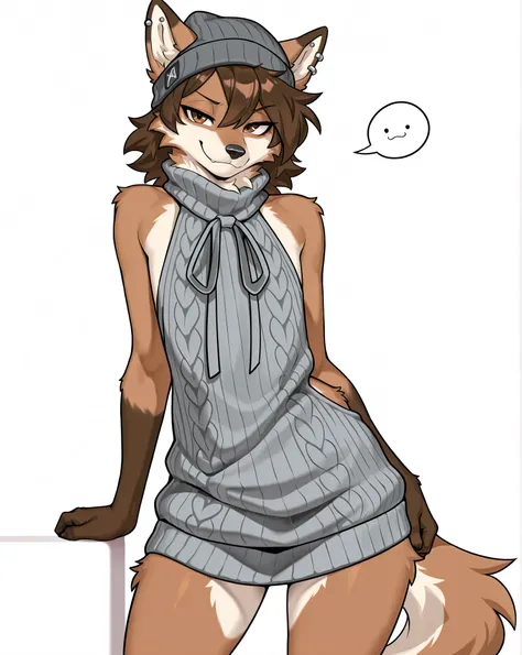 Masterpiece, best quality, absurd res, anthro, solo, an anthro furry male wolf, brown fur, short brown hair, countershading, brown eyes, black nose, ear piercings, neck tufts, wearing grey beanie, virgin killer sweater, smug expression, front view, white b...