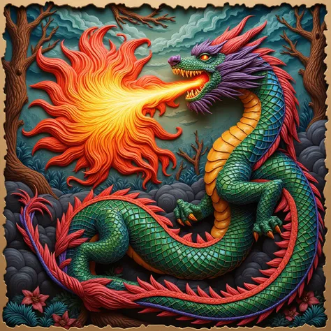 NFT 3D woodcut colorful dragon setting off flashy fire