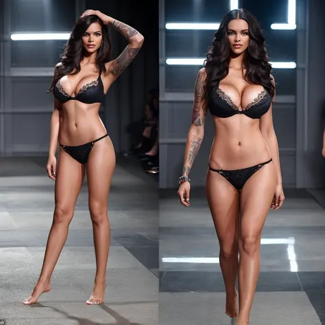 a woman with tattoos on her body walking down a runway, long hair, breasts, large breasts, black hair, cleavage, barefoot, lips, arm tattoo, leg tattoo, 