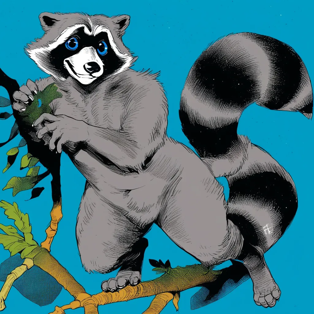 score_9, score_8_up, score_8, score_7, source_comic, RR(1985), solo, 1boy, semi-anthro, male furry, raccoon, gray and black fur, Bushy tail, blue eyes, white muzzle, naked, nude, full body, looking at viewer, fists on hips, smile, blue background,