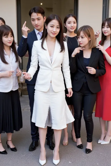  female teacher pees during group photo shoot、incontinence、pee yourself、 lots of pee 、from below、 white suit、 high heels、 perfect figure、very beautiful、 aligning up with students in front of the school building 、upright、Female Teacher Who Is Embarrassed an...