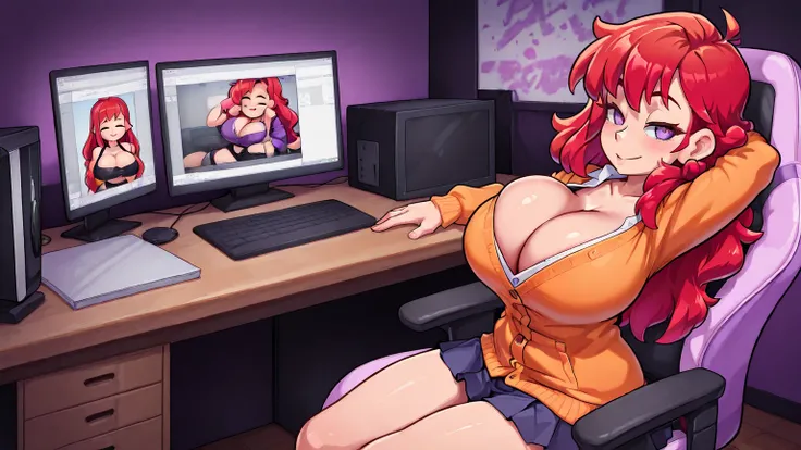  thin Caucasian girl with huge breasts, wavy red hair perfect long with purple eyes, with a rough and sexy look . Orange cardigan, Asleep centered on her gamer chair and her gamer desk, Dark gamer room. eyes closed. tired. view from the desktop. neon