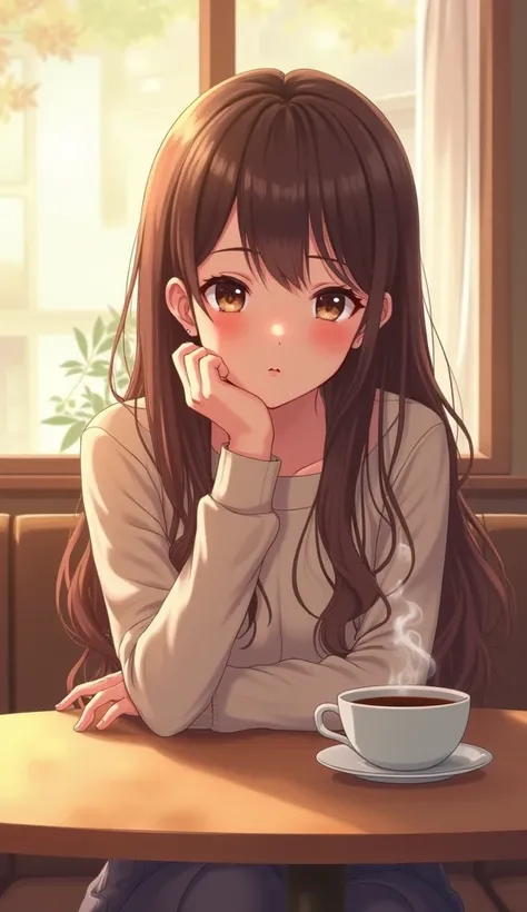 A heartwarming anime-style illustration of a 24-year-old woman sitting in a cozy café, resting her chin on her hand while gazing dreamily out the window. Her long brown hair falls gently over her shoulders, and a soft blush colors her cheeks. A steaming cu...