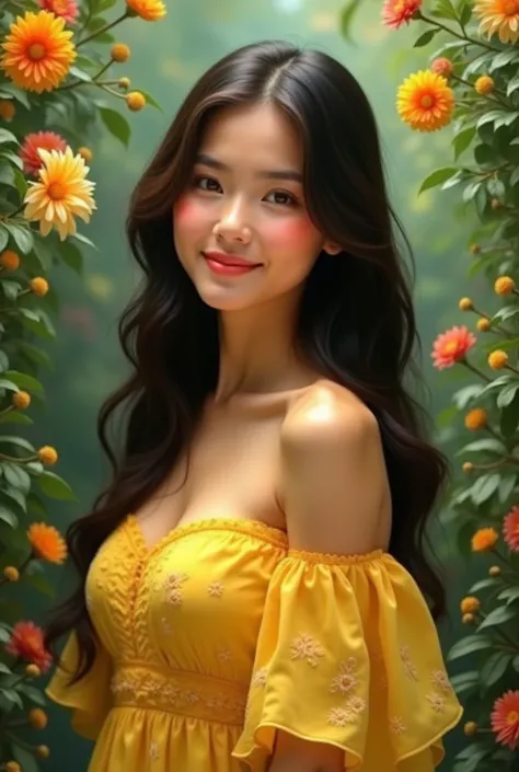 real. Pinay in yellow dress with flowers around 