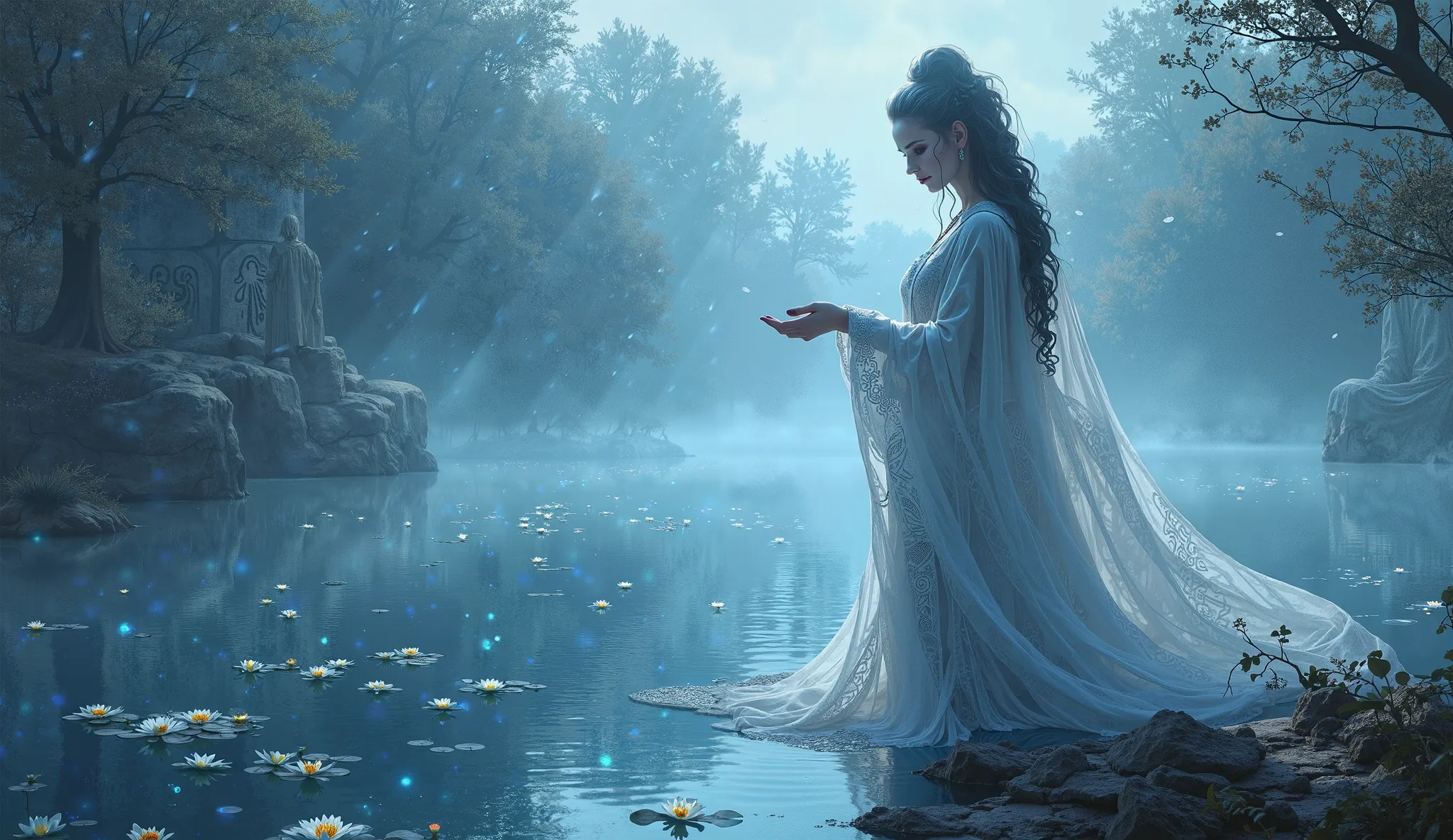  A stunning digital illustration in the style of Syd Mead, depicting a mystical lake bathed in spectral mist, its waters reflecting an eerie glow. Engraved Celtic stones mark the lake’s edge, while luminous white lilies drift across the water. The Lady of ...