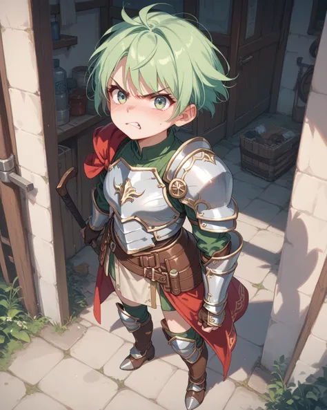 Very angry   , a girl, Alone, blush, Short Hair, green hair,  frowns , angry, Archer armor, full body, 