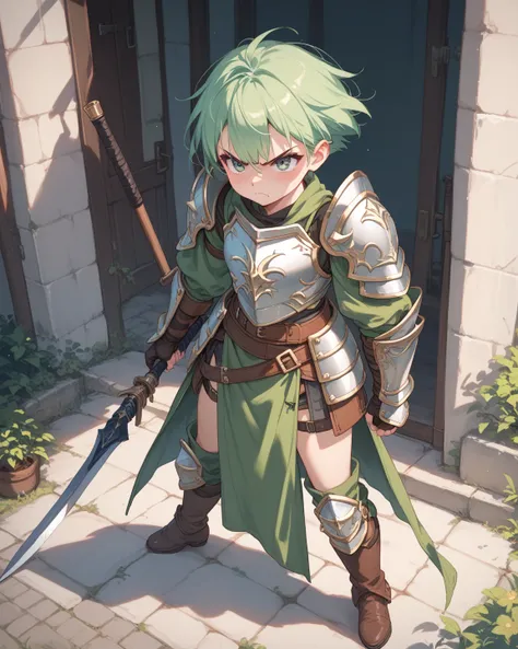 Very angry   , a girl, Alone, blush, Short Hair, green hair,  frowns , angry, Archer armor, full body, 