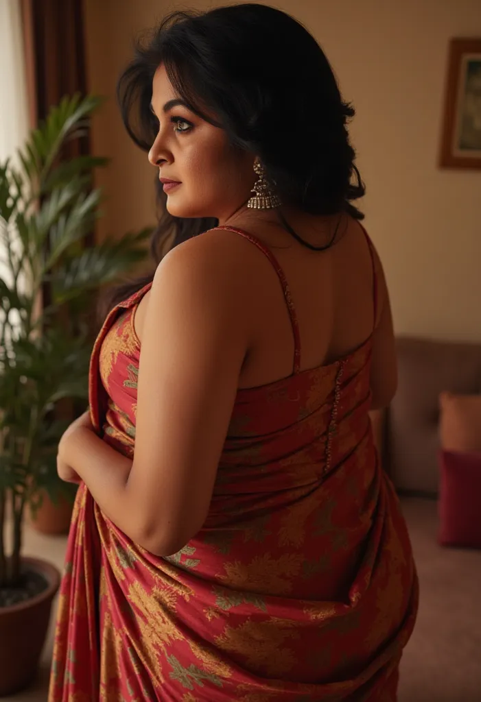  Full back side portrait, 50 year old Indian milf wearing sexy dress, dark skin,(8k, RAW photo, photorealistic, HQ, masterpiece), (whole body, full back body), a curvy indian , black messy hair, large breasts, (curvy), pale skin, Thick waist, thick thighs,...