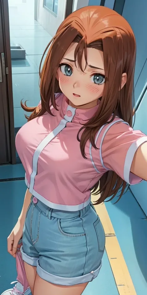    1 female,  high definition,  dementia ,      ultra-realistic      ,8K, serenidaddm   ,    long hair,   Brown hair,       pink shirt   ,   blue shorts,    gray eyes, city,    blue sneakers   ,  big s,European,seunknowny,   {unknown} Primer plano de la pa...