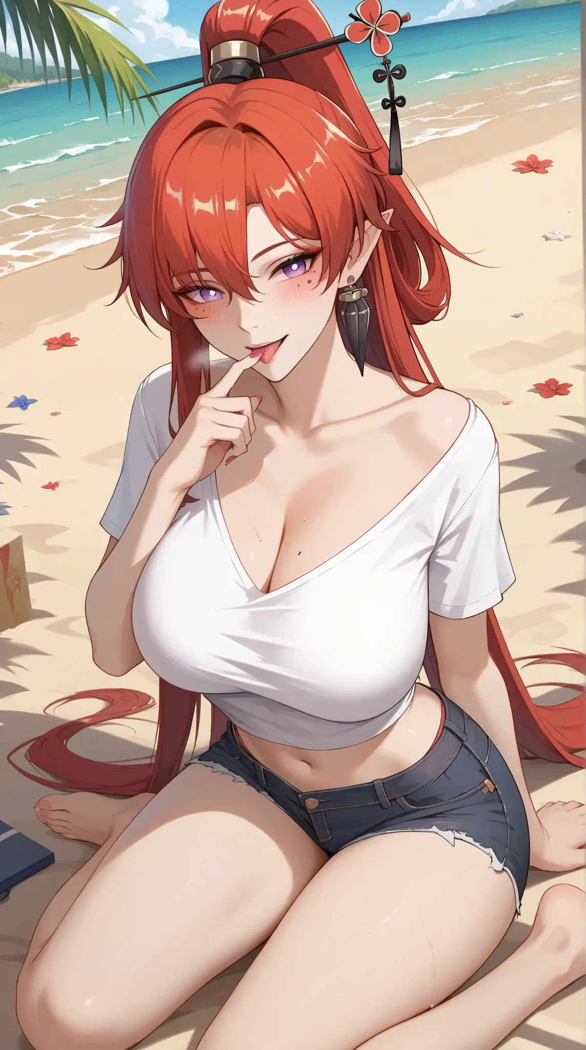 ((Yinlin, red hair, mole under eye, purple eyes, hair stick, hair ornament)), 1girl, huge breasts, huge butt, thick thighs, sensual woman, mature female, blushes, cleavage, full body, source_anime, quality_masterpiece, anatomically correct, beautiful face,...