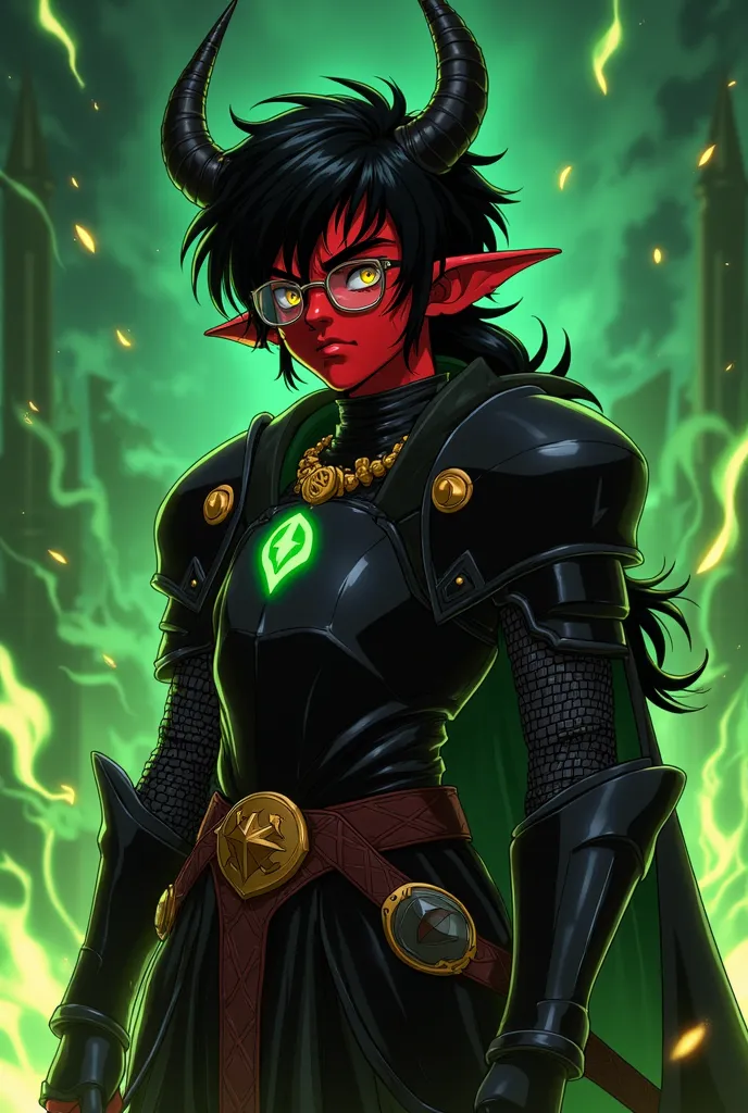 dnd young red-skinned tiefling, yellow eyes, wispy beard, big black anime hair, necromancer, black knight armor, greenish necromancer necklace, 1 broken and one whole horn, nerd glasses, green background with black flames