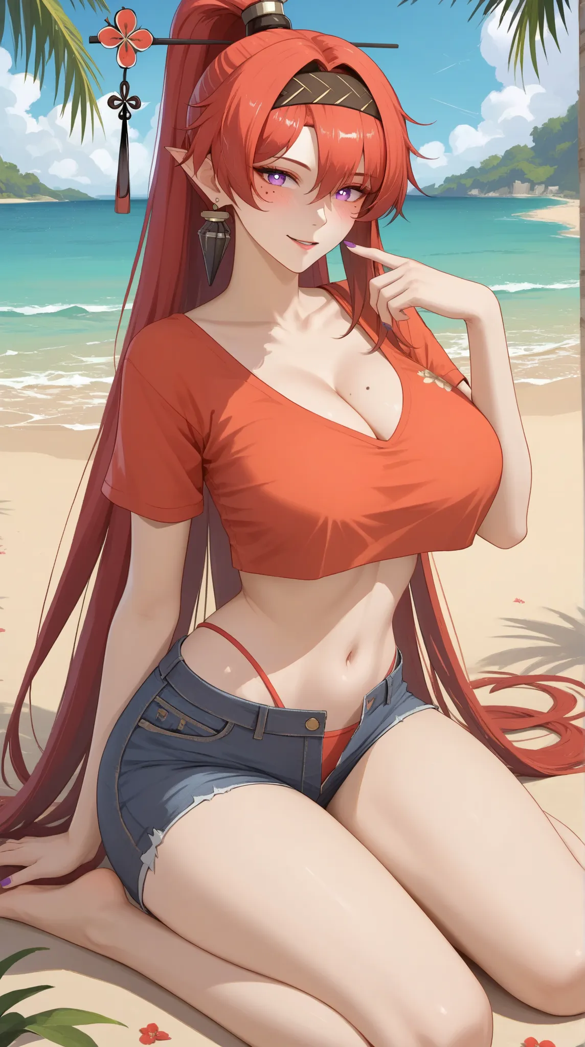 ((Yinlin, red hair, mole under eye, purple eyes, hair stick, hair ornament)), 1girl, huge breasts, huge butt, thick thighs, sensual woman, mature female, blushes, cleavage, full body, source_anime, quality_masterpiece, anatomically correct, beautiful face,...