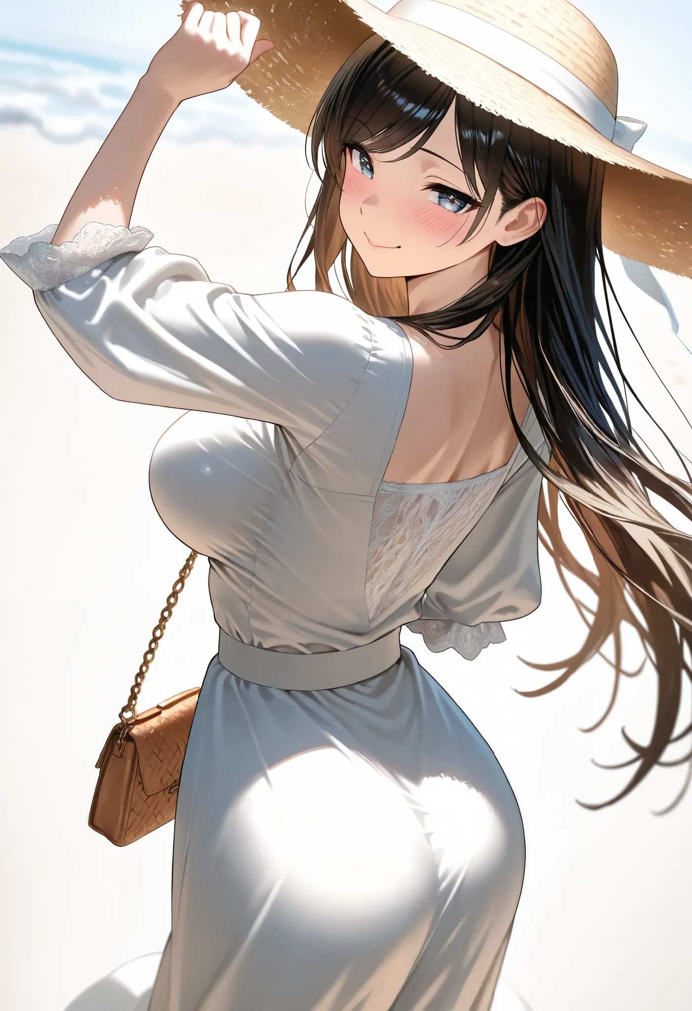 (best quality, masterpiece, ultra detailed, high resolution), Beautiful 8K CG artwork, Enriched photography, anatomically accurate body, depth of field,  1girl, elegant yet sexy girl, (long hair, black straight hair, swept bangs), 
round large breasts, bre...