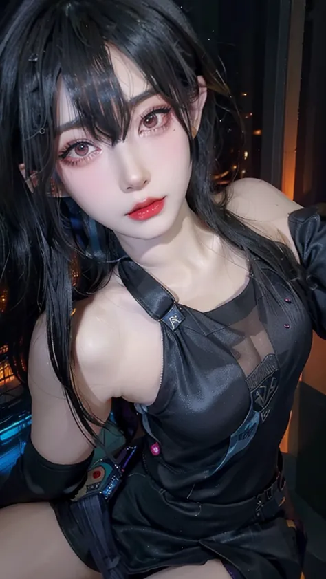 4k ultra high definition、best quality, masterpiece, Ultra-high resolution, (Reality: 1.4),  1 girl, Purple Eyes, Off-the-shoulder sweater dress, Light、purple and black hair、(My girl、My cosmetics)、(Danteidong、Large Breasts、Oversized off-the-shoulder black T...