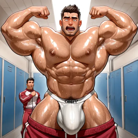 best quality, masterpiece, extremely detailed, muscular bodybuilder college age man standing in line with other muscular bodybuilder men, rugged windswept hair, sweaty, glistening skin, sexy jockstrap, wearing opened off-shoulder red tracksuit jacket with ...